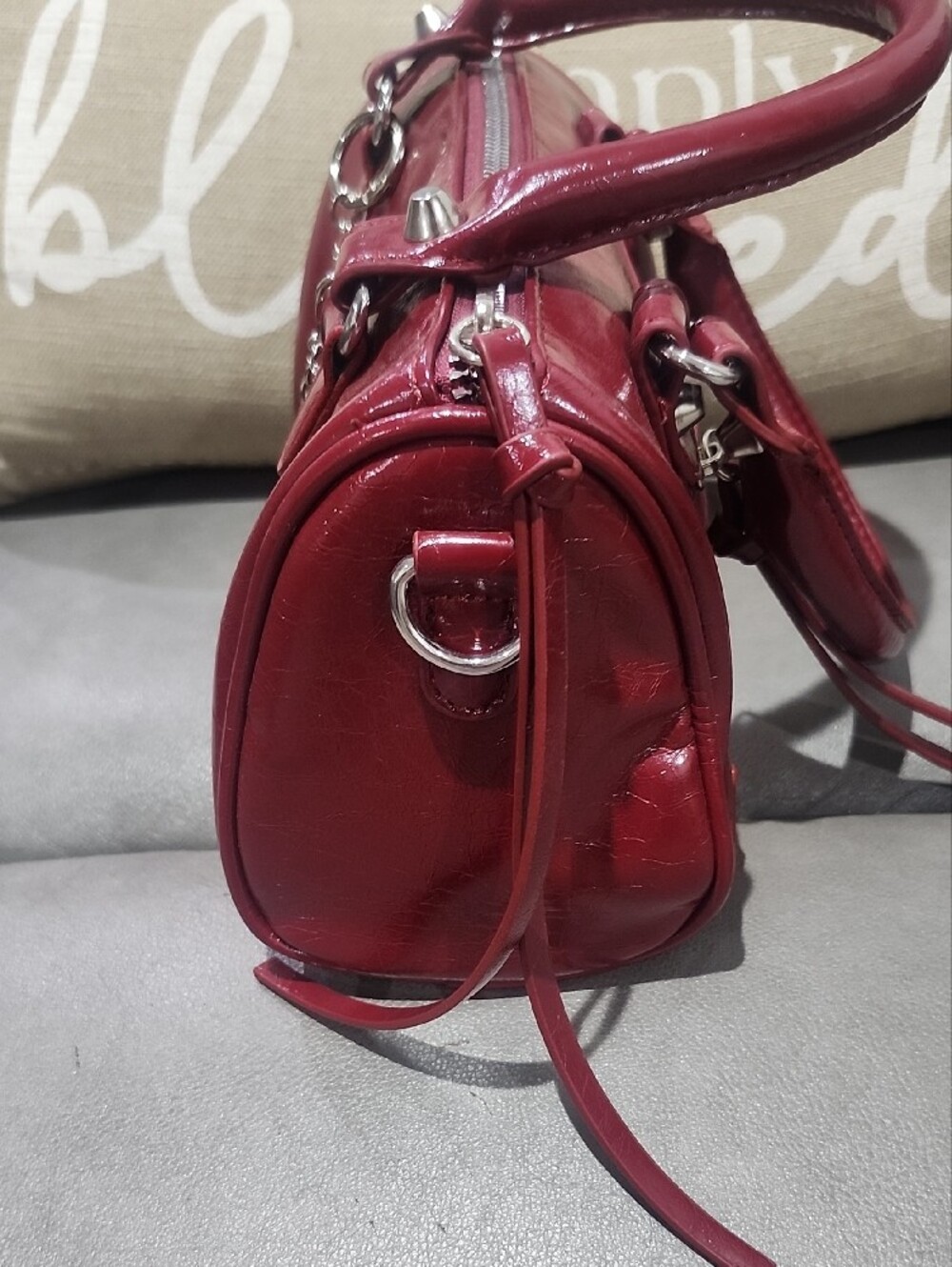 Glossy Vegan Leather Burgundy Dome Satchel/Crossbody Wirh Charm - Picture 3 of 11